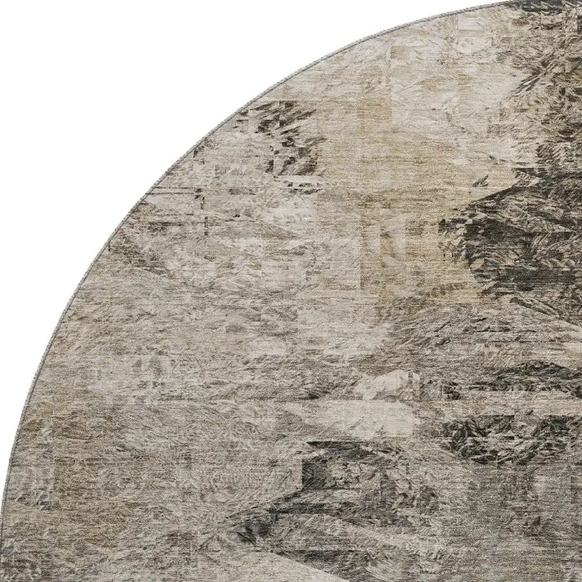 8' Taupe And Gray Abstract Washable Round Rug With UV Protection Photo 4