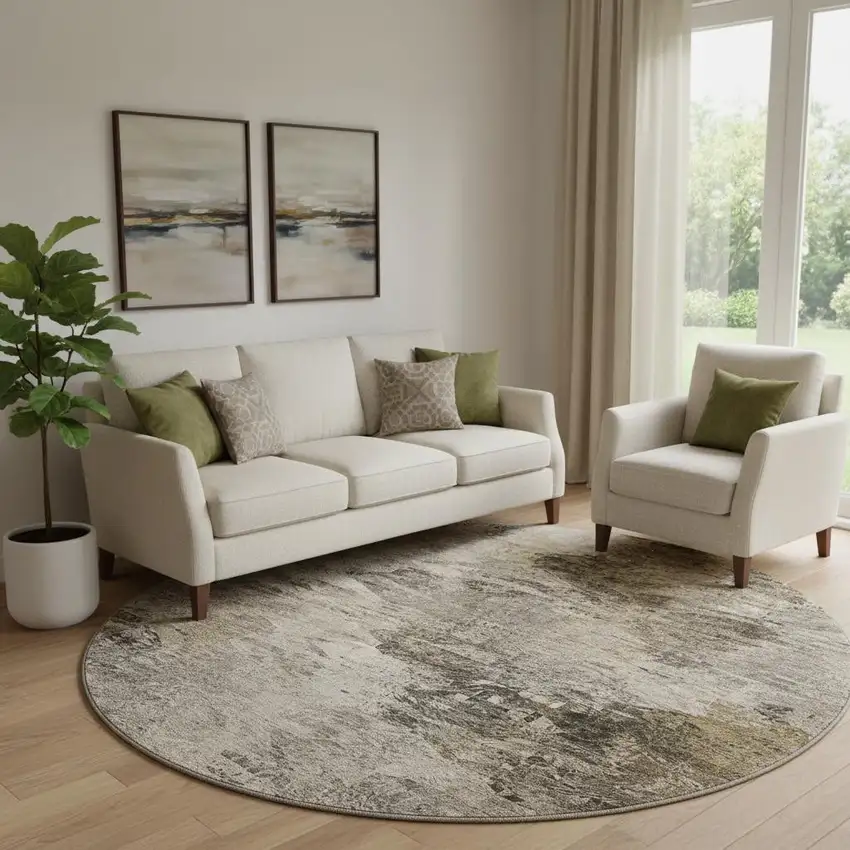 8' Taupe And Gray Abstract Washable Round Rug With UV Protection Photo 1