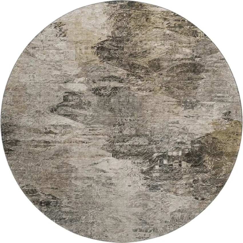8' Taupe And Gray Abstract Washable Round Rug With UV Protection Photo 1