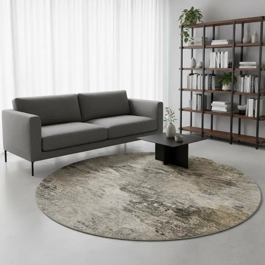 8' Taupe And Gray Abstract Washable Round Rug With UV Protection Photo 2