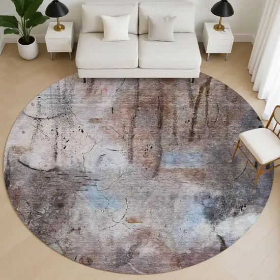 8' Taupe And Gray Abstract Washable Round Rug With UV Protection Photo 5