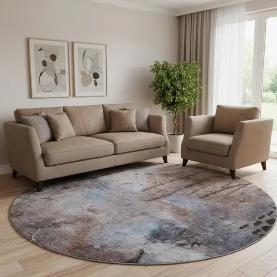 8' Taupe And Gray Abstract Washable Round Rug With UV Protection Photo 2