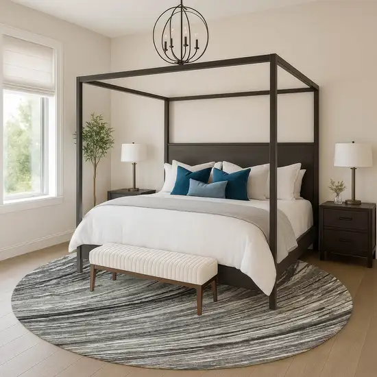 8' Taupe And Gray Abstract Washable Round Rug With UV Protection Photo 5