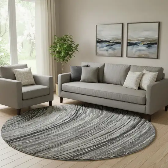 8' Taupe And Gray Abstract Washable Round Rug With UV Protection Photo 2