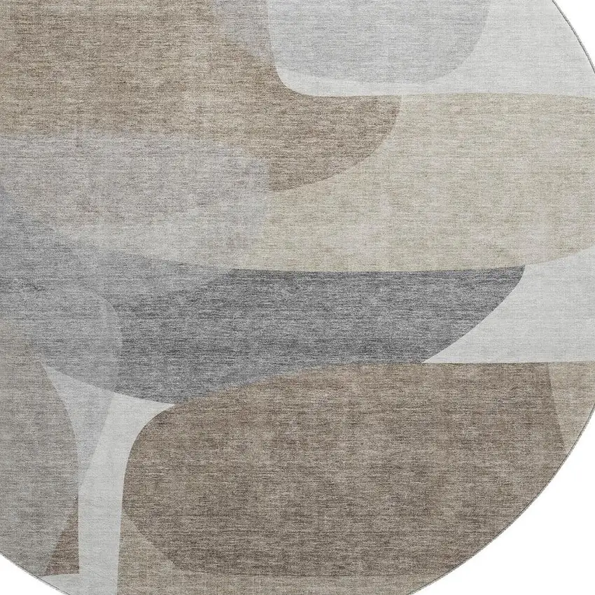8' Taupe And Gray Abstract Washable Round Rug With UV Protection Photo 3