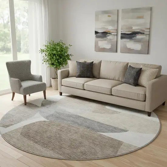 8' Taupe And Gray Abstract Washable Round Rug With UV Protection Photo 2