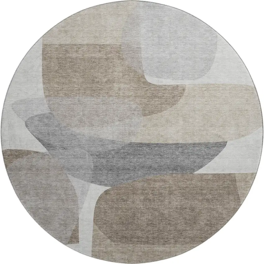 8' Taupe And Gray Abstract Washable Round Rug With UV Protection Photo 1