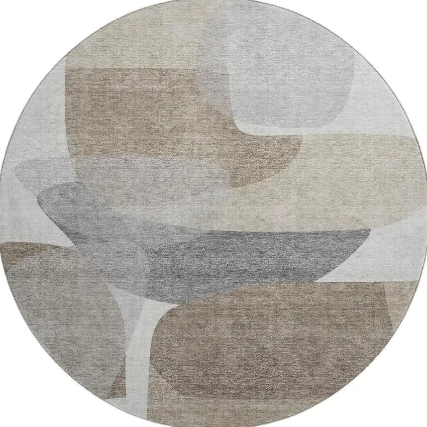 8' Taupe And Gray Abstract Washable Round Rug With UV Protection Photo 4