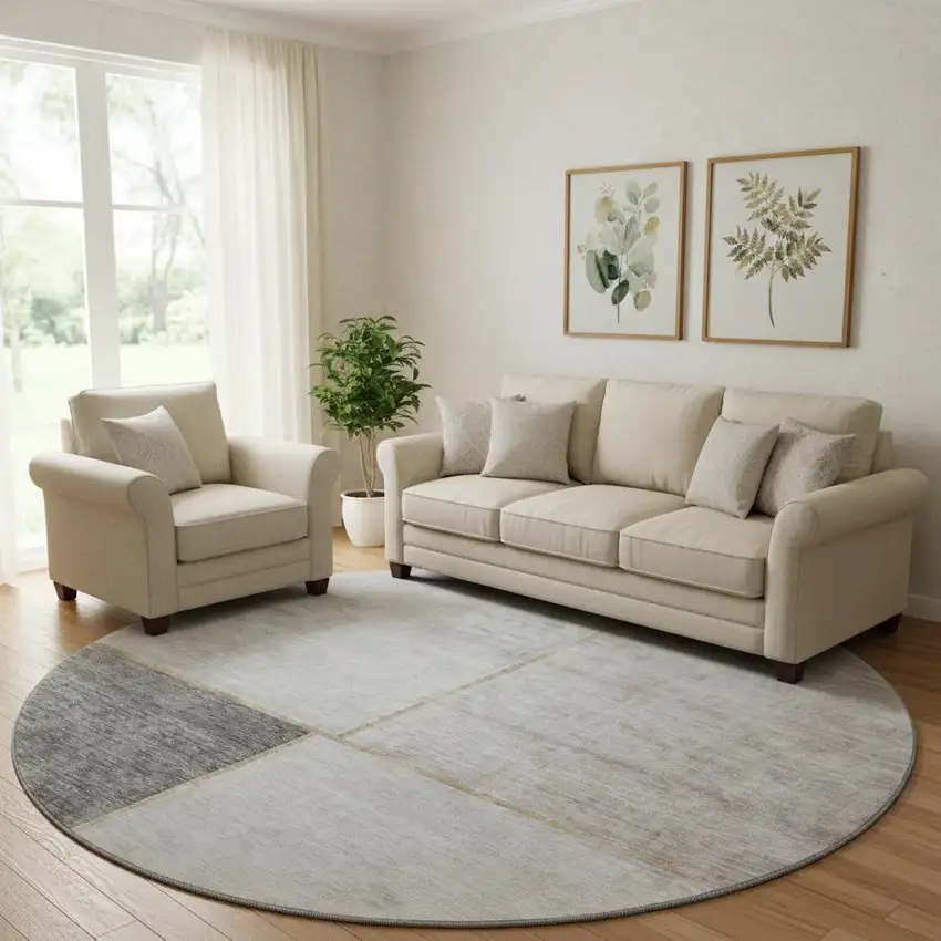 8' Taupe And Gray Geometric Washable Round Rug With UV Protection Photo 1