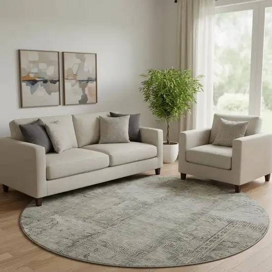 8' Taupe And Gray Patchwork Washable Round Rug With UV Protection Photo 1