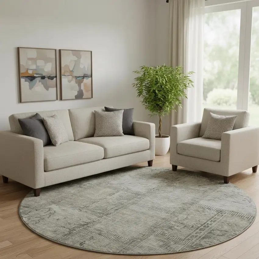 8' Taupe And Gray Patchwork Washable Round Rug With UV Protection Photo 1