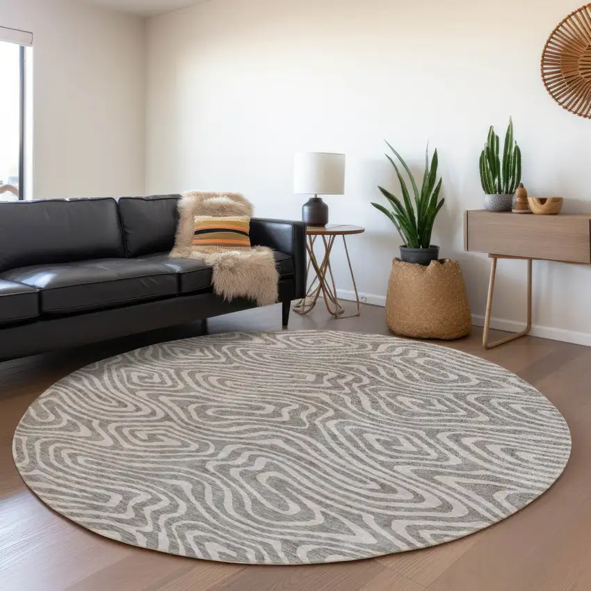 8' Taupe And Gray Round Abstract Washable Indoor Outdoor Area Rug Photo 7