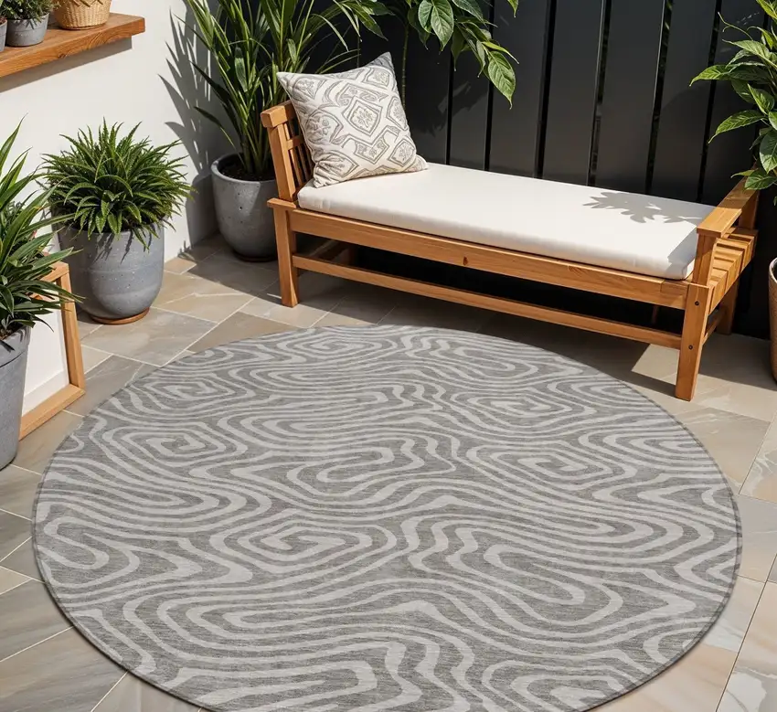 8' Taupe And Gray Round Abstract Washable Indoor Outdoor Area Rug Photo 1
