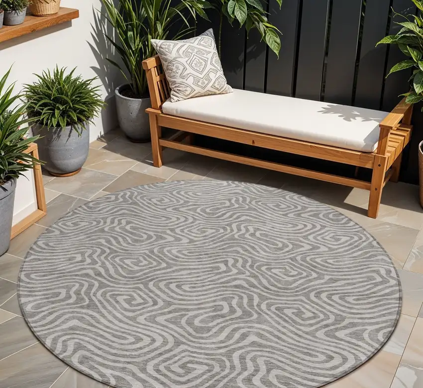 8' Taupe And Gray Round Abstract Washable Indoor Outdoor Area Rug Photo 1