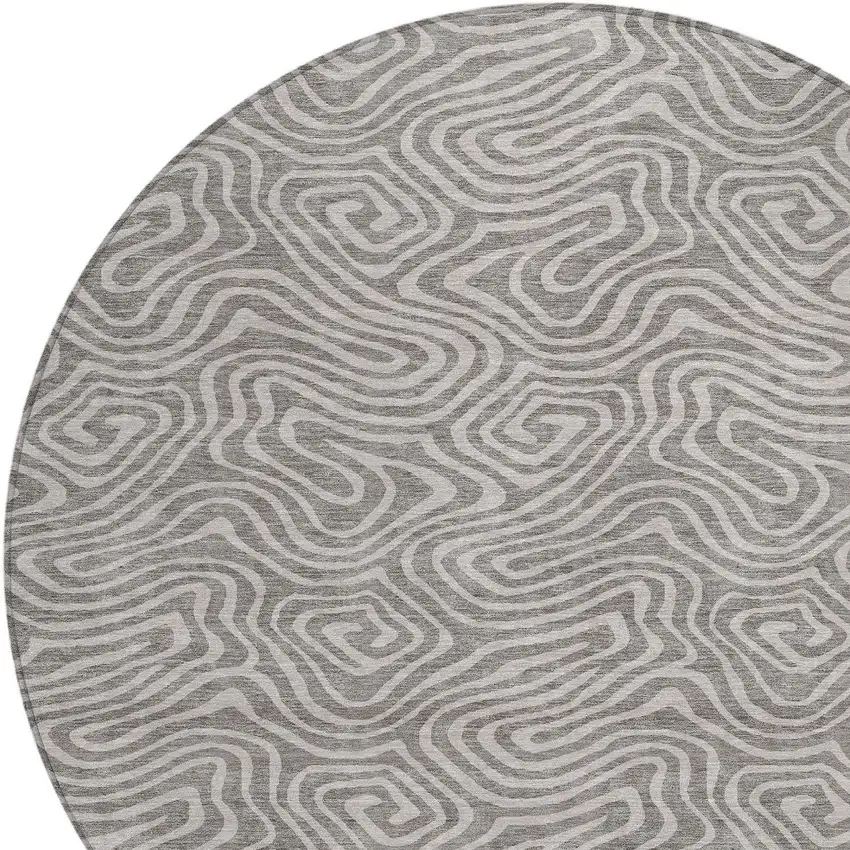 8' Taupe And Gray Round Abstract Washable Indoor Outdoor Area Rug Photo 4