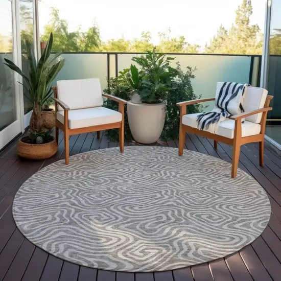 8' Taupe And Gray Round Abstract Washable Indoor Outdoor Area Rug Photo 6