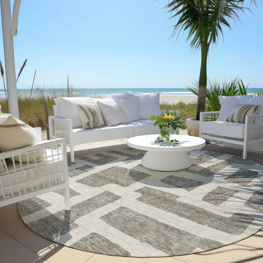 8' Taupe And Gray Round Abstract Washable Indoor Outdoor Area Rug Photo 6