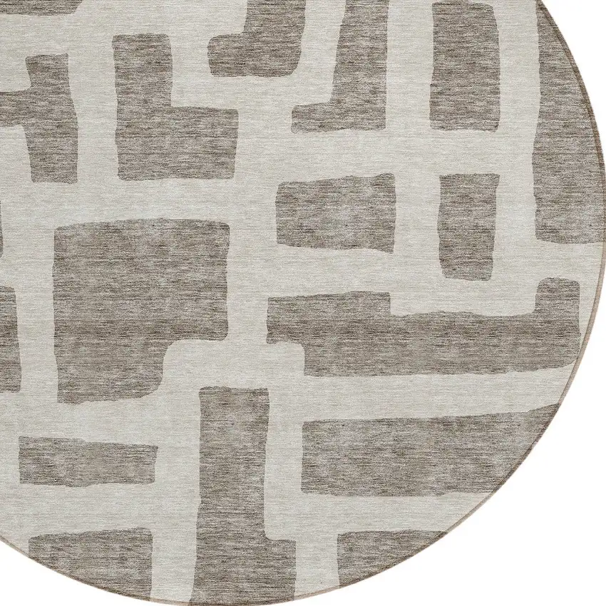8' Taupe And Gray Round Abstract Washable Indoor Outdoor Area Rug Photo 4