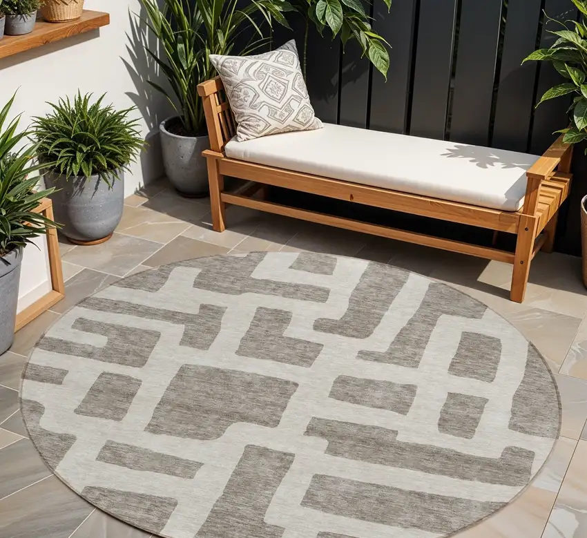 8' Taupe And Gray Round Abstract Washable Indoor Outdoor Area Rug Photo 1