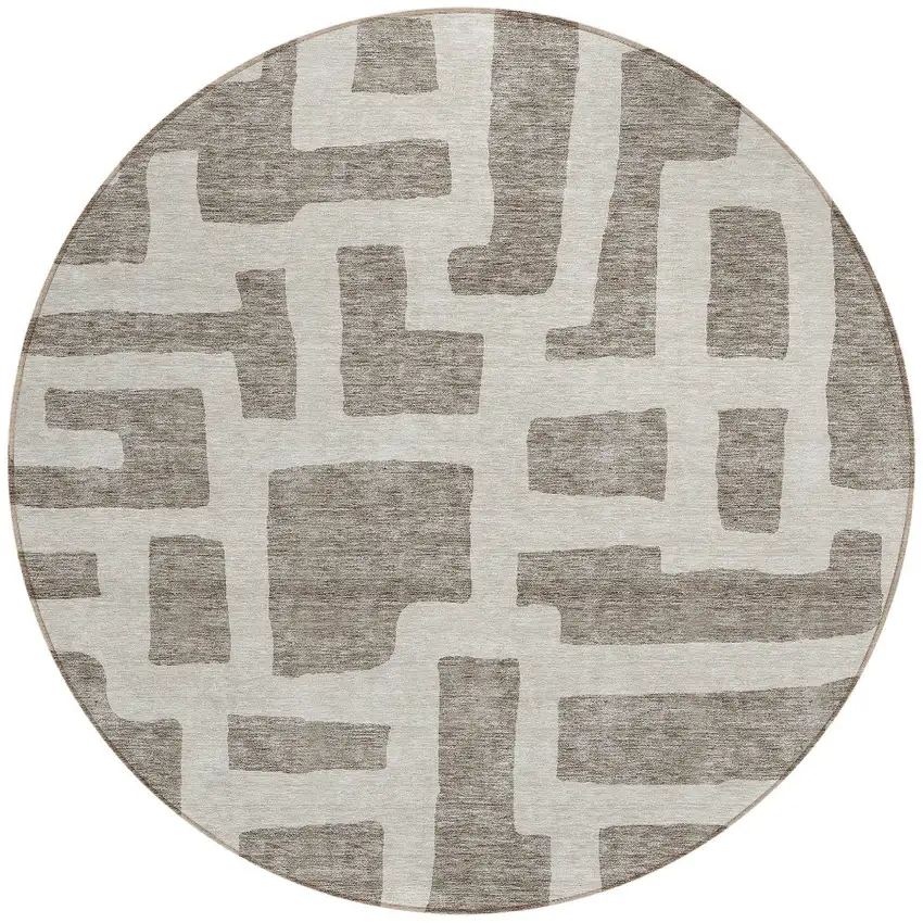8' Taupe And Gray Round Abstract Washable Indoor Outdoor Area Rug Photo 5