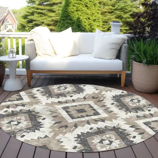 8' Taupe And Gray Round Aztec Washable Indoor Outdoor Area Rug Photo 5
