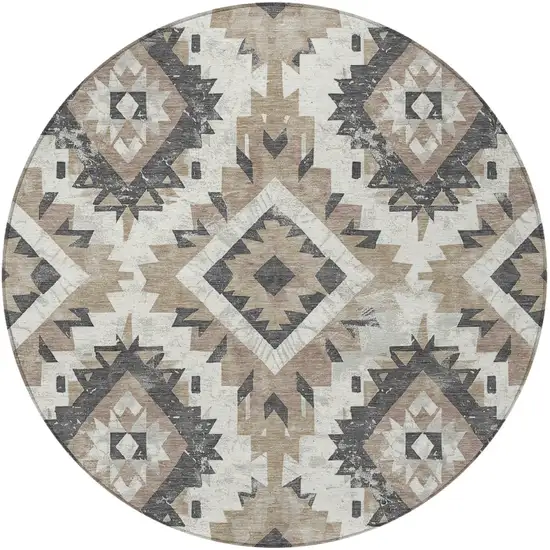8' Taupe And Gray Round Aztec Washable Indoor Outdoor Area Rug Photo 3