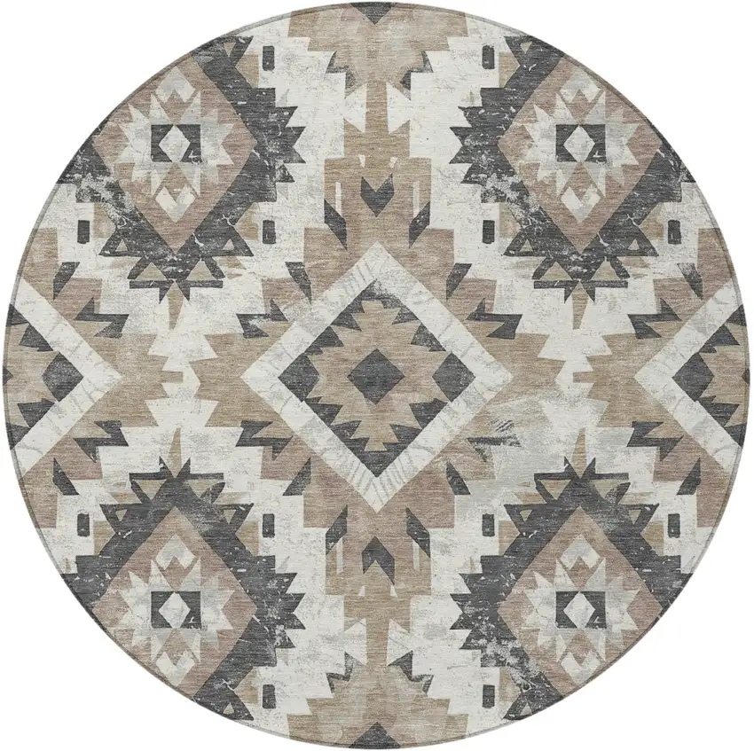 8' Taupe And Gray Round Aztec Washable Indoor Outdoor Area Rug Photo 3
