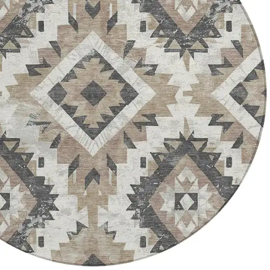 8' Taupe And Gray Round Aztec Washable Indoor Outdoor Area Rug Photo 4