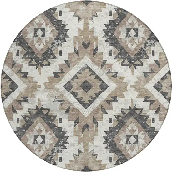 8' Taupe And Gray Round Aztec Washable Indoor Outdoor Area Rug Photo 1