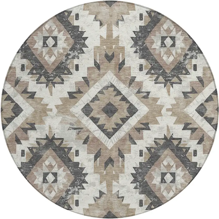 8' Taupe And Gray Round Aztec Washable Indoor Outdoor Area Rug Photo 1