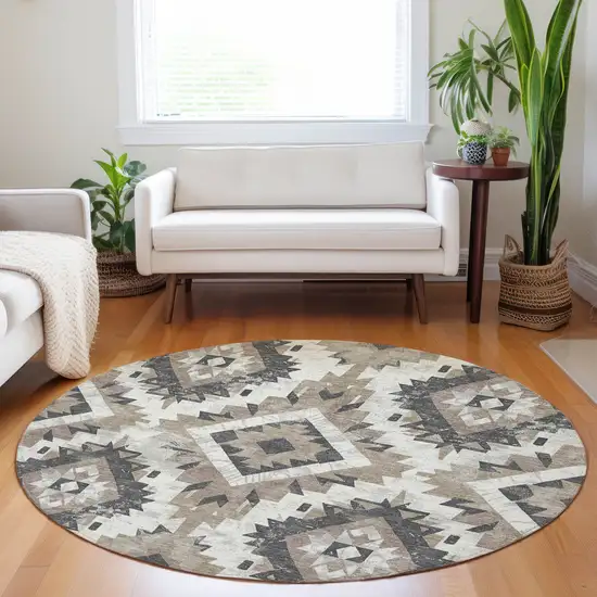 8' Taupe And Gray Round Aztec Washable Indoor Outdoor Area Rug Photo 6