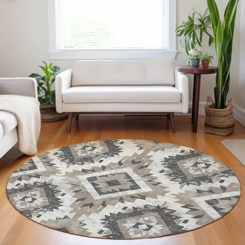 8' Taupe And Gray Round Aztec Washable Indoor Outdoor Area Rug Photo 6