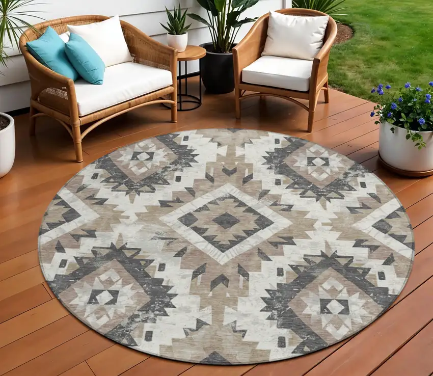 8' Taupe And Gray Round Aztec Washable Indoor Outdoor Area Rug Photo 2