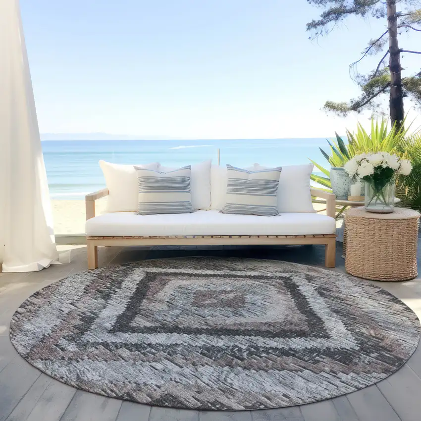8' Taupe And Gray Round Aztec Washable Indoor Outdoor Area Rug Photo 5