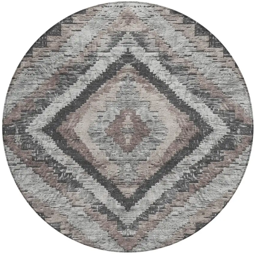8' Taupe And Gray Round Aztec Washable Indoor Outdoor Area Rug Photo 3