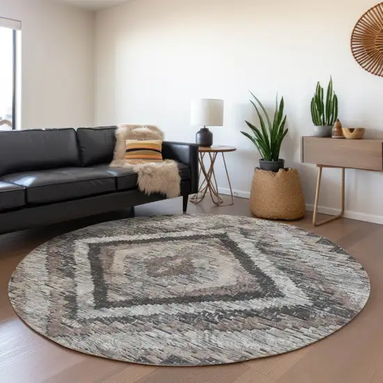 8' Taupe And Gray Round Aztec Washable Indoor Outdoor Area Rug Photo 6