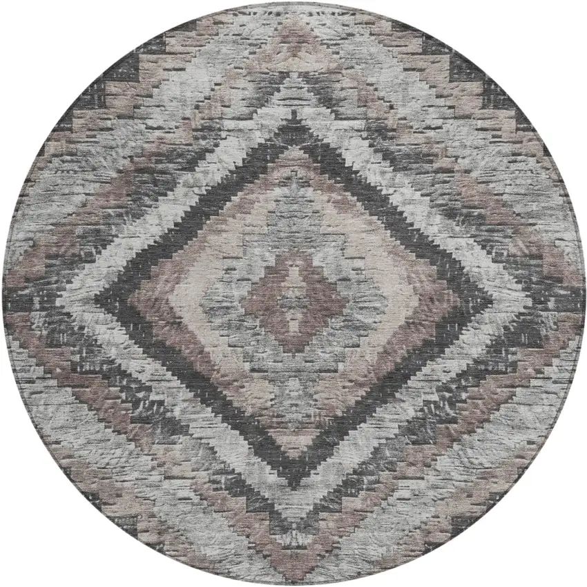 8' Taupe And Gray Round Aztec Washable Indoor Outdoor Area Rug Photo 1