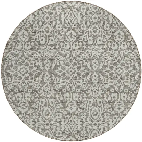 8' Taupe And Gray Round Damask Washable Indoor Outdoor Area Rug Photo 2