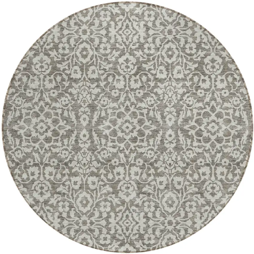 8' Taupe And Gray Round Damask Washable Indoor Outdoor Area Rug Photo 2