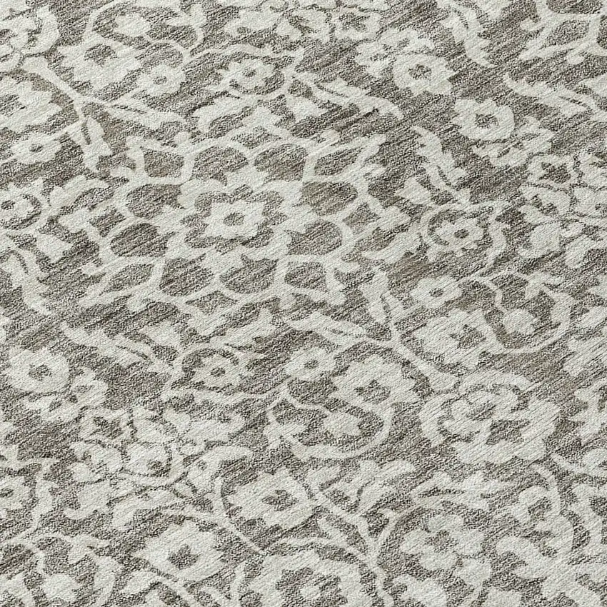 8' Taupe And Gray Round Damask Washable Indoor Outdoor Area Rug Photo 8