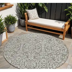 Photo of 8' Taupe And Gray Round Damask Washable Indoor Outdoor Area Rug