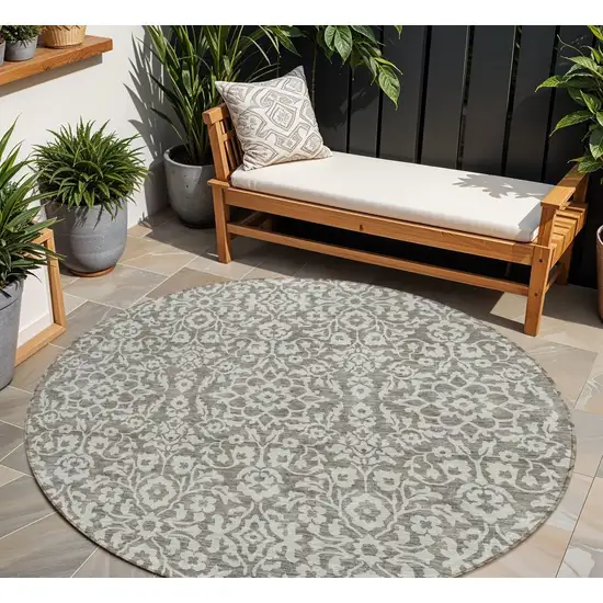 8' Taupe And Gray Round Damask Washable Indoor Outdoor Area Rug Photo 1
