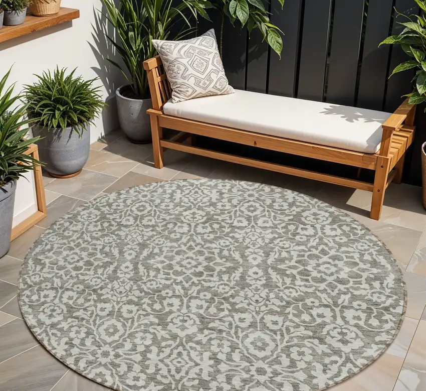 8' Taupe And Gray Round Damask Washable Indoor Outdoor Area Rug Photo 1