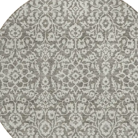 8' Taupe And Gray Round Damask Washable Indoor Outdoor Area Rug Photo 4