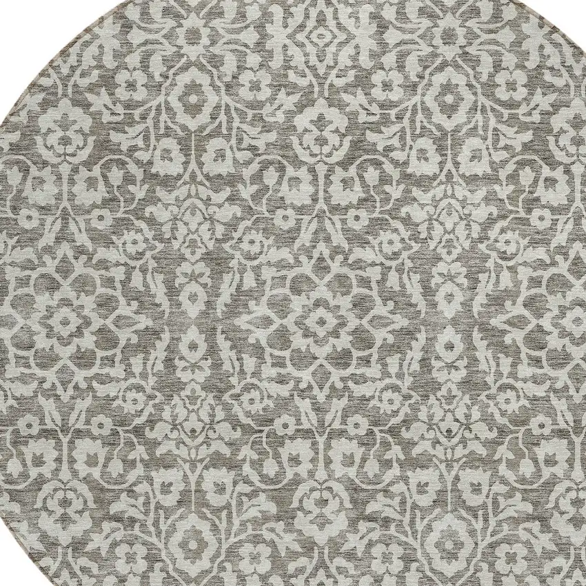 8' Taupe And Gray Round Damask Washable Indoor Outdoor Area Rug Photo 4