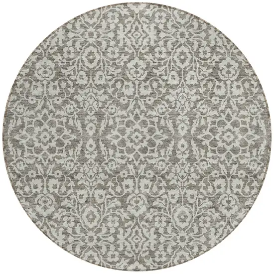 8' Taupe And Gray Round Damask Washable Indoor Outdoor Area Rug Photo 5