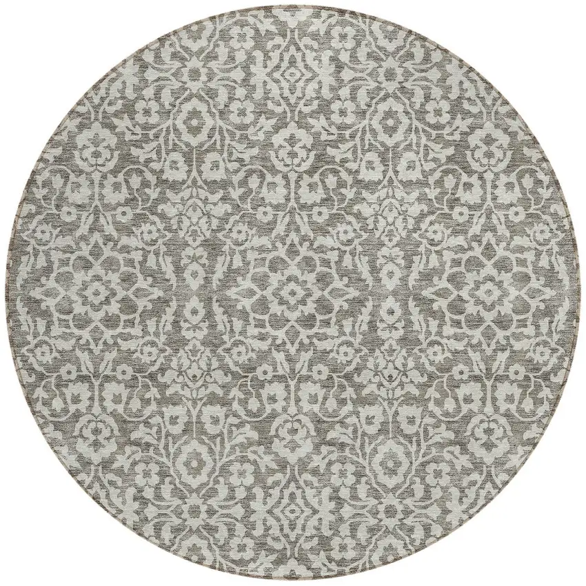 8' Taupe And Gray Round Damask Washable Indoor Outdoor Area Rug Photo 5