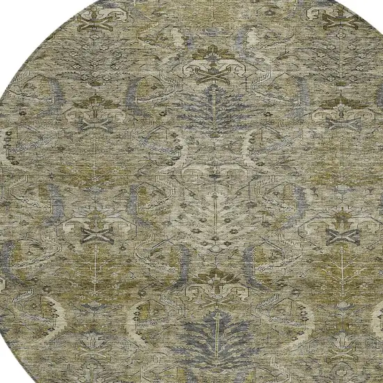 8' Taupe And Gray Round Damask Washable Indoor Outdoor Area Rug Photo 5