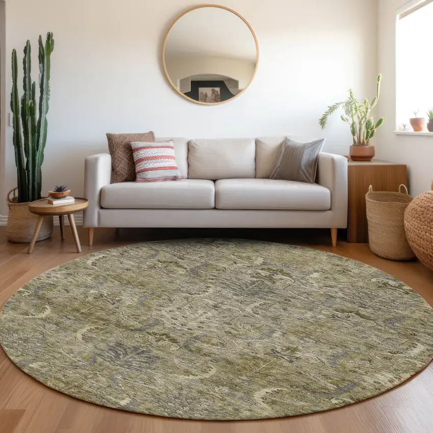 8' Taupe And Gray Round Damask Washable Indoor Outdoor Area Rug Photo 8