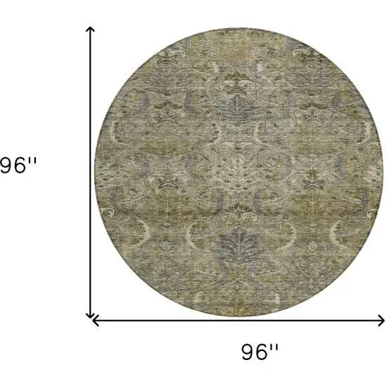 8' Taupe And Gray Round Damask Washable Indoor Outdoor Area Rug Photo 9